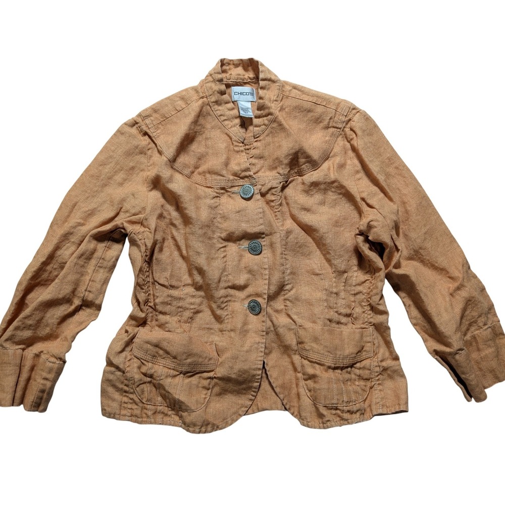 Chicos Womens Size 0 Small Orange 100% Linen Button Front Pintuck Utility Jacket